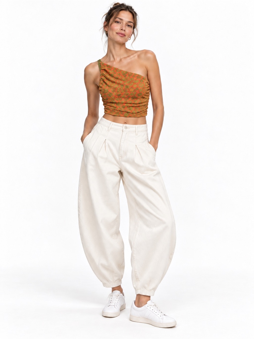 Zara One-Shoulder Cropped Top in Olive with Orange Floral size S